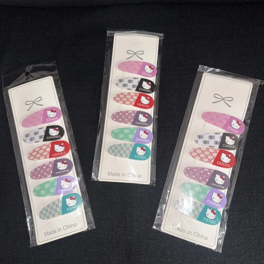 Hello Kitty Hair Barrettes 6 New in Pack Designer Names Hair Clips - Lot Of 3
